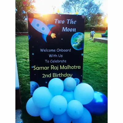 "Two The Moon!" A personalized welcome sign for Samar Raj Malhotra's 2nd birthday space adventure, setting the stage for a cosmic celebration right from the entrance.