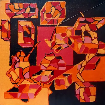 This abstract painting challenges the viewer to find their own meaning. The interplay of geometric shapes and a warm, fiery palette creates a composition that is both complex and harmonious.