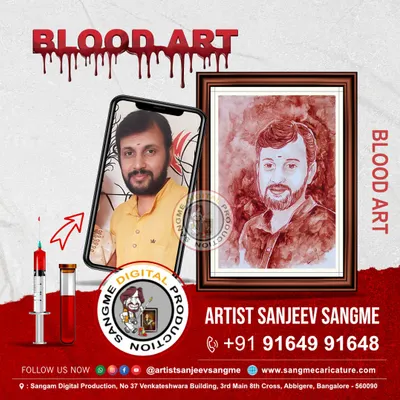 This is a promotional image for my blood art service, showing the transformation from a photo to a finished portrait. I am an award-winning artist specializing in this unique and personal art form.