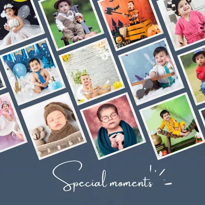 A collage of special moments, showcasing the wide variety of themes and setups I offer, from fairies and chefs to classic portraits.