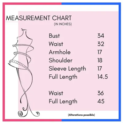 A sample measurement chart for one of our lehengas. We offer alterations to ensure the perfect fit for your special day.