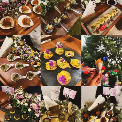 A collage showcasing the variety of our pass-around appetizers. You can see our Mushroom Arancini, sushi rolls, mini tikkis, and avocado mango puri, all beautifully presented and ready to be served at a house party.