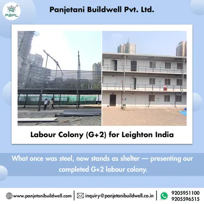 This before-and-after shot shows the transformation from a bare steel frame to a completed G+2 labour colony for Leighton India. It demonstrates our expertise in turning structural steel into safe, comfortable, and functional shelter.