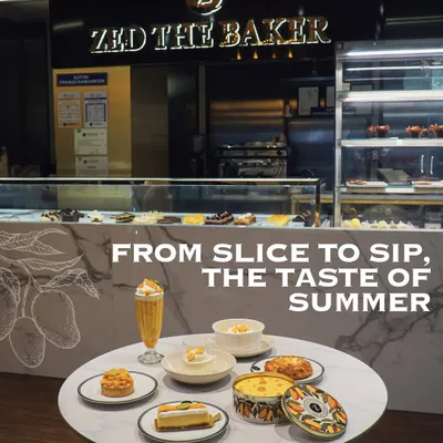 From slice to sip, this is the taste of summer. My full mango menu is displayed here in front of one of my bakery counters.