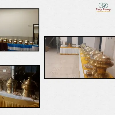 A collage showing our versatile buffet setups. We use different colored linens and serving dishes, including traditional brassware, to match your event's decor.