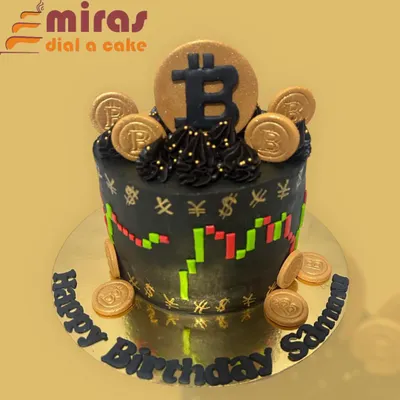 I designed this cake for a fintech professional's birthday, capturing the dynamic world of cryptocurrency. The design features a bold Bitcoin logo, edible gold coins, and a stock market chart, all on a rich, dark chocolate cake.