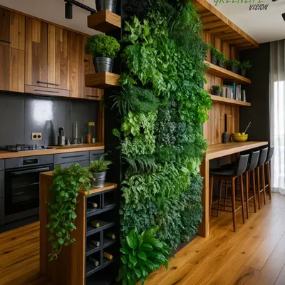 This kitchen and dining area is redefined by a magnificent living wall. It acts as a natural divider, purifying the air while adding unparalleled texture and life to a modern, open-concept space.