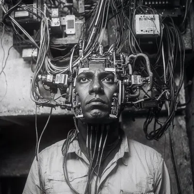 A black and white portrait of a 'wirehead', a man whose head is a chaotic mess of cables and machinery. This is a recurring character concept I use to explore the overwhelming nature of being constantly plugged in.