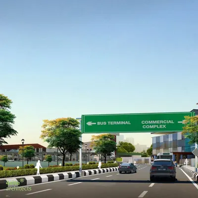 This render shows the clear signage and organized traffic flow designed for the entrance of the Khadgarha Bus Terminal in Ranchi. The goal was to bring order to a previously chaotic transport hub.