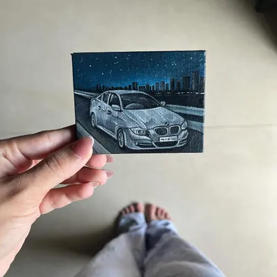 A miniature painting of a BMW 320d on a night drive against a city skyline. This tiny canvas captures a whole mood and was so much fun to create.