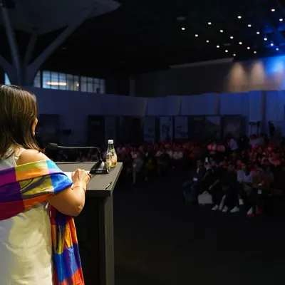 Our co-founder Gayathri Shetty addressing a large audience at FOAID 2024. We are grateful for these platforms to share our vision of weaving Indian culture, heritage, and storytelling into contemporary design.
