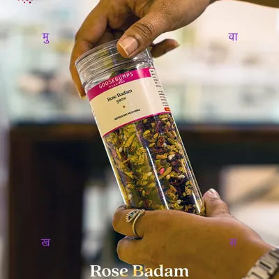 This is my Rose Badam Desi Mukhwas, a refreshing after-meal blend. It's crafted with fragrant rose petals, roasted almonds, and fennel to freshen your breath and delight your senses.