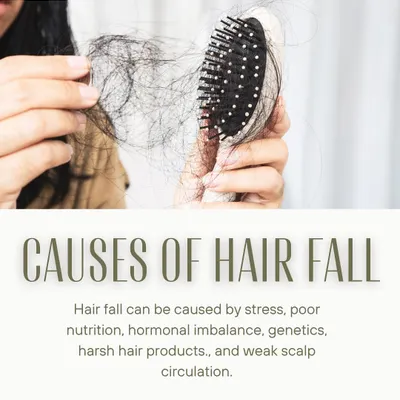 Hair fall is complex and can be caused by many factors. This graphic provides a quick overview of common triggers, including stress, poor nutrition, hormonal imbalance, genetics, and weak scalp circulation.