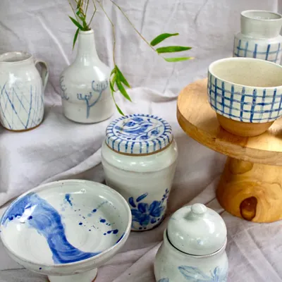 A stunning collection of blue and white pottery from my graduating professional course students. The variety of forms and patterns, from painted florals to graphic grids, is a beautiful teaser of their talent.
