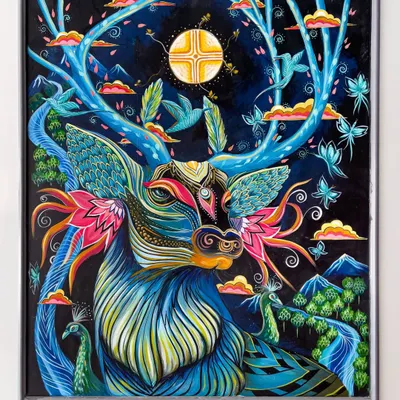 'The Celestial Grace in Blue'. I painted this surreal deer mural for a project in Uttarakhand. I let my imagination flow, creating intricate, carving-like designs without any prior sketch, allowing the art to emerge naturally on the panel.