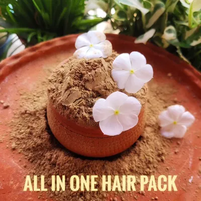 This is my All-in-One Hair Pack, a completely herbal powder that gives your hair a spa-like treatment right at home. I've packed it with natural ingredients to deeply hydrate, soften hair, and fight frizz.