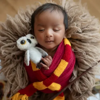 Our little wizard is dreaming of magical adventures. This close-up shows him cuddling a tiny Hedwig, a perfect detail for this Harry Potter themed newborn shoot.