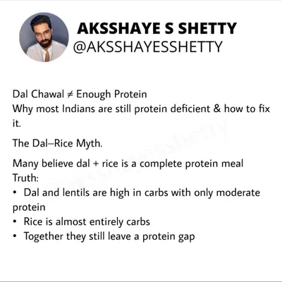 Many people believe dal and rice make a complete protein meal, but this is a myth that contributes to protein deficiency in India. Dal is high in carbs with only moderate protein, and rice is almost entirely carbs, leaving a significant protein gap.