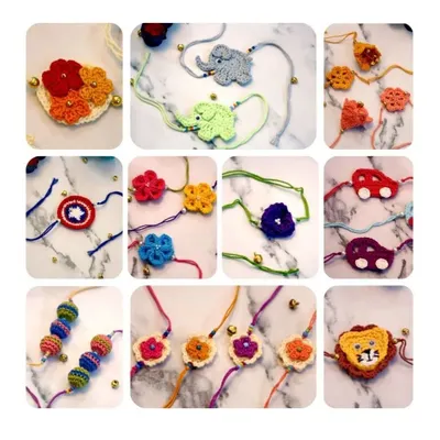 My entire collection of exclusive, handcrafted crochet Rakhis for the season. Each one is sustainable and can be repurposed after the festival.