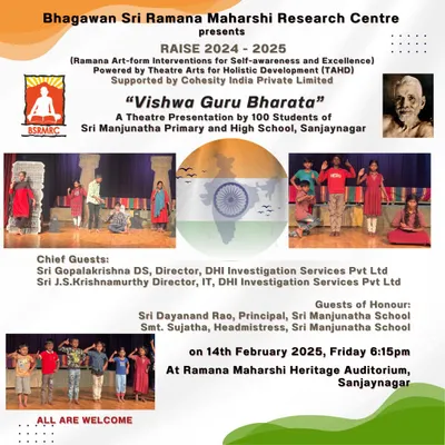 An invitation to a RAISE theatre presentation, 'Vishwa Guru Bharata', by 100 students of a local school. This program, supported by corporate partners, uses art to instill values and self-awareness.