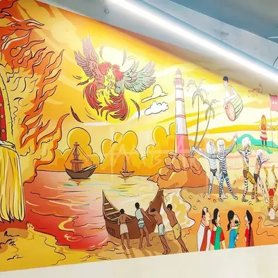 A section of the large-scale mural for an IT company, focusing on the fiery depiction of a Kola performance and a traditional fishing boat scene. The warm color palette of reds and yellows brings energy and warmth to the office interior.