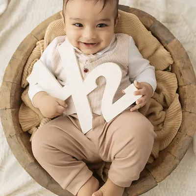 Halfway to one! This happy six-month-old is sitting up in a rustic bowl, proudly showing off his half-birthday sign. A perfect way to celebrate this big milestone.
