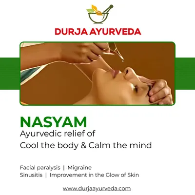 This is Nasyam, an Ayurvedic therapy where medicated oil is administered through the nose. It is highly effective for clearing the sinuses, calming the mind, and improving skin glow.