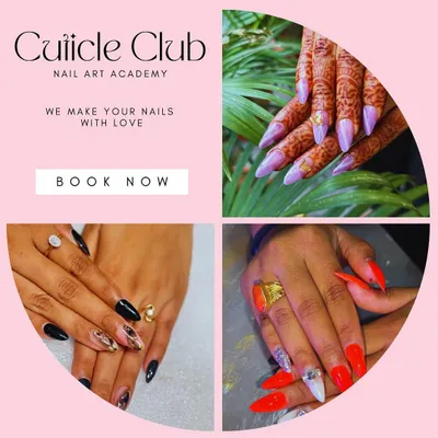 This collage showcases the variety of nail art services we offer at Cuticle Club. From elegant bridal nails with henna to bold, trendy designs, we can create the perfect look for you.