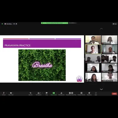A screenshot from a corporate wellness workshop on Pranayama practice for Panacor Technologies in Dubai. We teach simple breathing techniques to help manage stress in the corporate world.