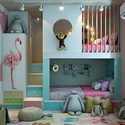 This charming bunk bed uses a soft pastel color palette and playful flamingo wall art. The staircase doubles as a chest of drawers, providing excellent storage in a small footprint.