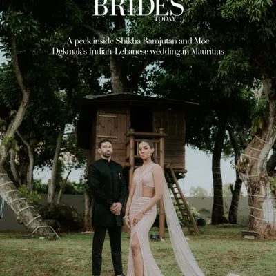 Our work featured on the cover of Brides Today, showcasing a peek inside an Indian-Lebanese wedding in Mauritius. This shot captures the couple's modern elegance against a rustic, natural backdrop.