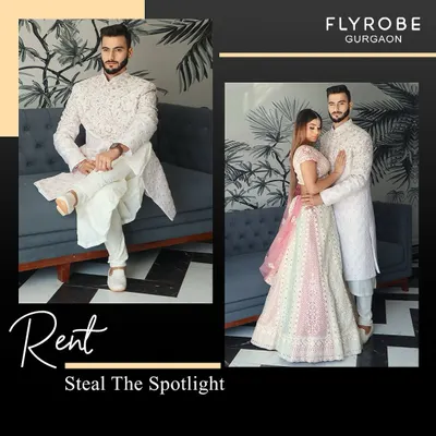 Rent and steal the spotlight. This lookbook image shows a coordinated couple in stunning all-white embroidered outfits, perfect for a sophisticated wedding theme.