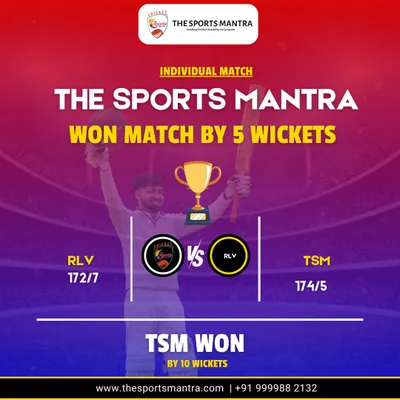 A graphic celebrating our Under-12 team's decisive 5-wicket victory against RLV Cricket Academy. Consistent wins like these build confidence and validate our training methods.