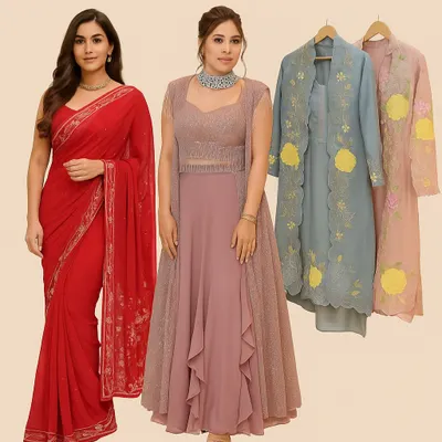Simplicity, Elegance, Bridal Wear. A promotional poster showcasing the variety of custom tailoring I offer, from sarees and gowns to jacket-style suits.