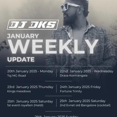 My weekly schedule for a busy week in January 2025. I performed at venues like Taj MG Road, Drava Koramangala, and handled both Haldi and cocktail events.