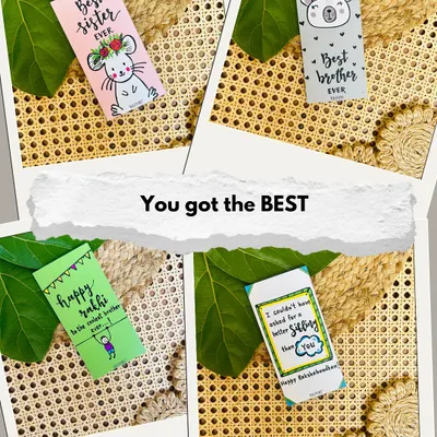 You got the best. Our Rakhi special collection includes these cute fridge magnets and wooden Rakhi threads that double as magnets. With hand-doodled animals and relatable messages, they are sure to make your sibling smile.