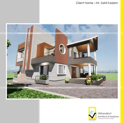 A 3D render showing the completed elevation design for a modern bungalow in Lodhivali, Panvel. The facade combines different textures like stone cladding and wooden louvers to create a dynamic and contemporary look.