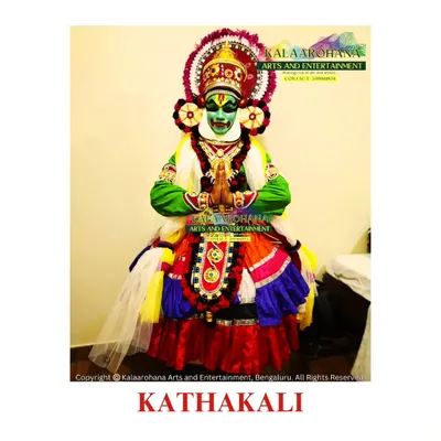 A Kathakali artist in full traditional regalia. This 'Pacha' (green) makeup represents a noble, divine hero, and the entire costume is handcrafted to reflect the centuries-old traditions of this revered art form.