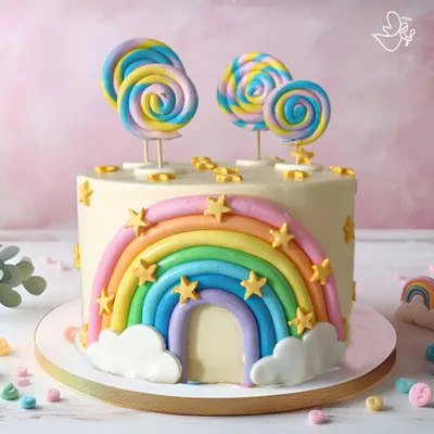 A vibrant and cheerful rainbow cake, decorated with fondant stars, clouds, and colorful lollipops. This cake is a pure slice of happiness, perfect for a bright and joyful celebration.