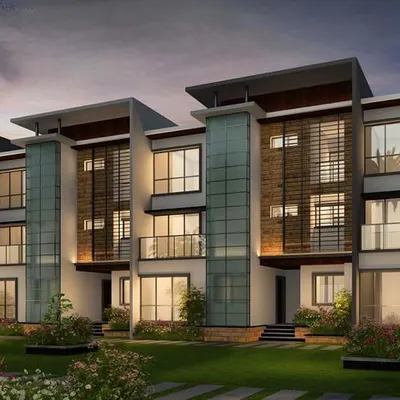 A 3D render of a row housing project, illustrating how individual villas are designed with a consistent architectural style to create a harmonious streetscape.