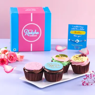 Our Rakshabandhan cupcake box is a sweet way to celebrate. It comes with four delicious cupcakes and a beautiful rakhi for your brother.