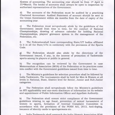 Page two of the official letter from the Ministry of Youth Affairs & Sports. This document outlines the responsibilities that come with being a National Sports Federation, a role we take very seriously.