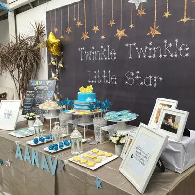 The dessert table for a "Twinkle Twinkle Little Star" themed party. I used a chalkboard backdrop, star-shaped cookies, and themed signage to bring the nursery rhyme to life.