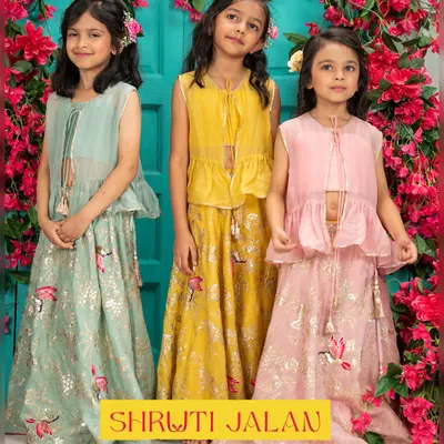 These three sisters are ready for any celebration in their coordinated pastel lehenga sets. I offer these in mint green, mustard yellow, and blush pink so you can mix and match.