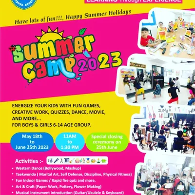 Our official poster for the Summer Camp 2023. This graphic outlines all the exciting activities we offered, from Western dance and taekwondo to art, quizzes, and musical instrument introductions, promising a summer of fun and learning.