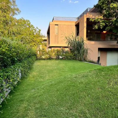 For the House of Terraces, I transformed a carport roof into this sloping green lawn. This design choice creates an elevated garden that blends seamlessly with its surroundings, offering a unique perspective and a private green space that feels both natural and intentional.