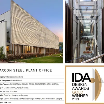 Our design for the Laxcon Steel Plant Office received a Gold Winner prize at the IDA Design Awards for Workplace Architecture. The project integrates the company's own steel into the design, from structural elements to fine details.