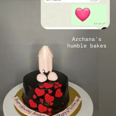 A naughty-themed cake for a bachelor party. The client's review shows it was a fun and delicious addition to their celebration.