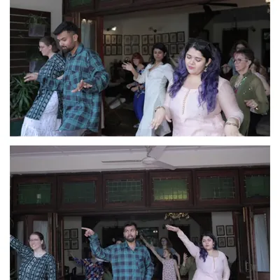 A shot from the final rehearsal with the bride and groom's friends at a destination wedding in Dehradun. We make sure everyone is confident and ready before they hit the stage.