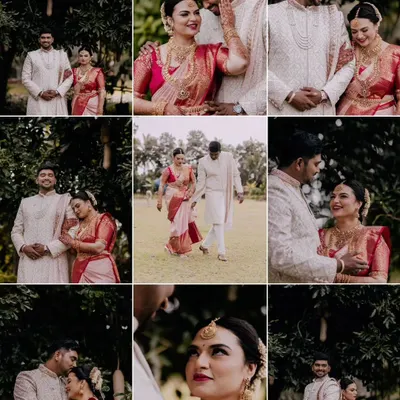 A collage of a couple's portraits from their wedding day, capturing their love and happiness in a natural, outdoor setting.